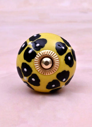 Black Flowers Design on Yellow Base Ceramic Door Knob