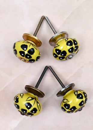 Black Flowers Design on Yellow Base Ceramic Door Knob