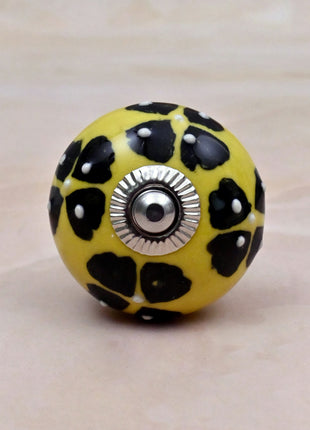 Black Flowers Design on Yellow Base Ceramic Door Knob