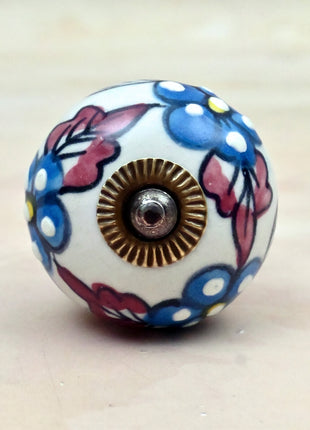 Turquoise Flowers on White Base Ceramic Door Knob