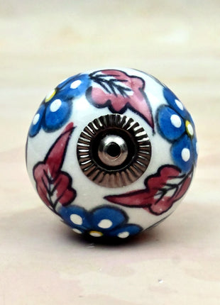 Turquoise Flowers on White Base Ceramic Door Knob