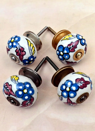 Turquoise Flowers on White Base Ceramic Door Knob