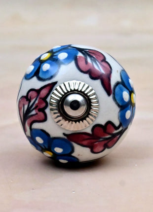 Turquoise Flowers on White Base Ceramic Door Knob