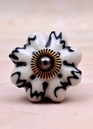 Black Design on Off White Ceramic Melon Door Knob