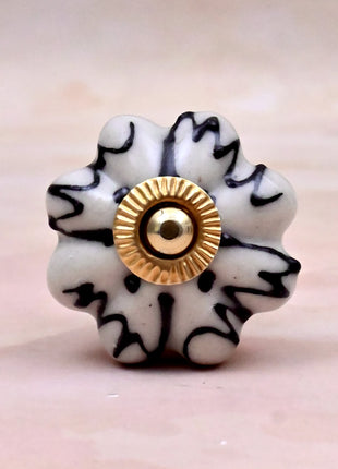 Black Design on Off White Ceramic Melon Door Knob