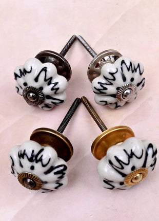 Black Design on Off White Ceramic Melon Door Knob
