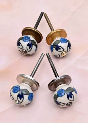 Blue Leaf on White Ceramic Door Knob