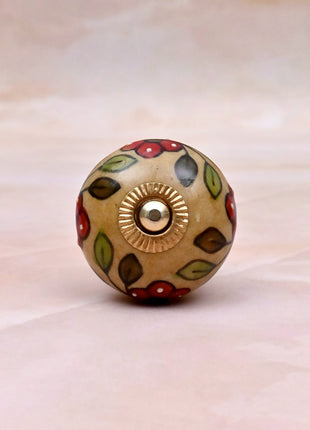 Red Flower & Colorful Leaf Ceramic Door Knob