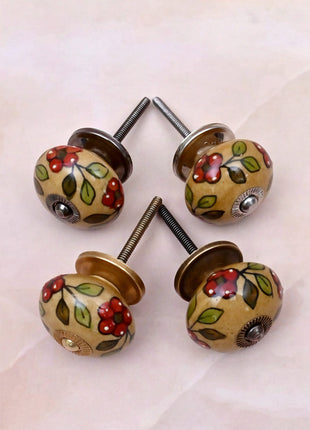 Red Flower & Colorful Leaf Ceramic Door Knob