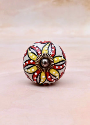 Red & Yellow Floral Pattern on Off White Ceramic Door Knob