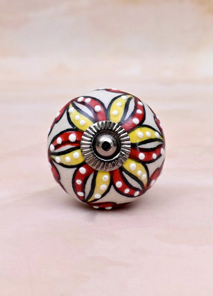 Red & Yellow Floral Pattern on Off White Ceramic Door Knob