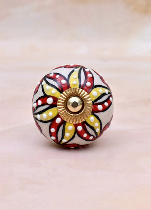 Red & Yellow Floral Pattern on Off White Ceramic Door Knob