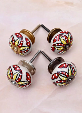 Red & Yellow Floral Pattern on Off White Ceramic Door Knob