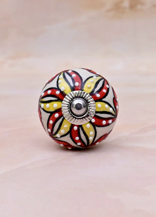 Red & Yellow Floral Pattern on Off White Ceramic Door Knob