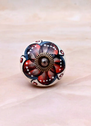 Red & Black Floral on White Ceramic Door Knob