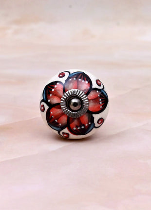 Red & Black Floral on White Ceramic Door Knob