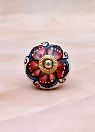 Red & Black Floral on White Ceramic Door Knob