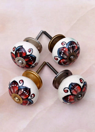 Red & Black Floral on White Ceramic Door Knob