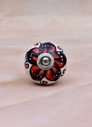 Red & Black Floral on White Ceramic Door Knob