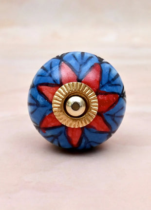 Blue & Red Floral Ceramic Door Knob
