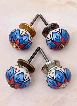 Blue & Red Floral Ceramic Door Knob