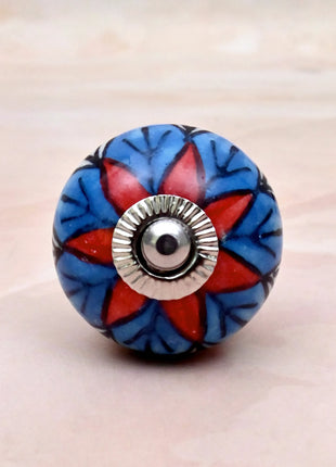 Blue & Red Floral Ceramic Door Knob