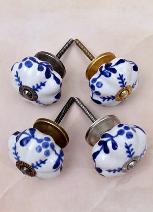Blue Floral on White Ceramic Door Knob