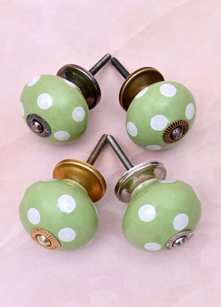 Olive Green & White Polka Dot Ceramic Door Knob