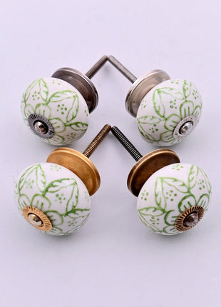 Green Floral on White Ceramic Door Knob