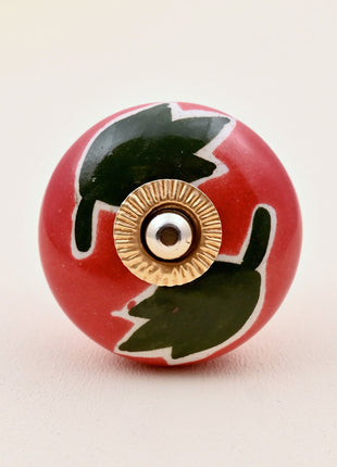 Green Leaf on Red Ceramic Door Knob