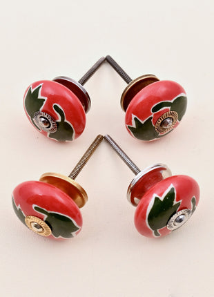Green Leaf on Red Ceramic Door Knob