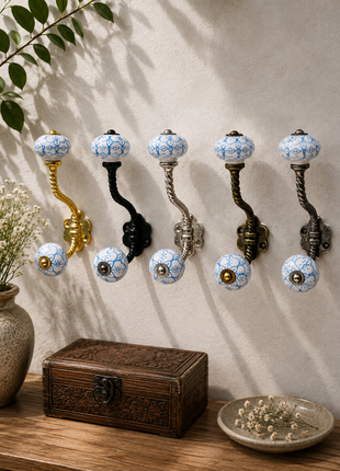 Blue Floral Pattern on White Ceramic Knob With Metal Wall Hanger