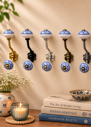 Light Blue Design on White Ceramic Knob With Metal Wall Hanger