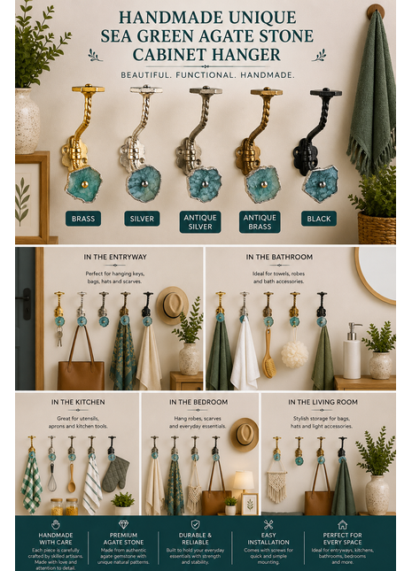 Unique Assorted Shape Sea Green Agate Stone Cabinet Hanger