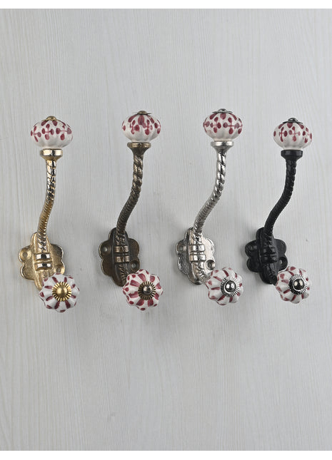 White Ceramic Drawer Knob With Maroon Leaves With Metal Wall Hook