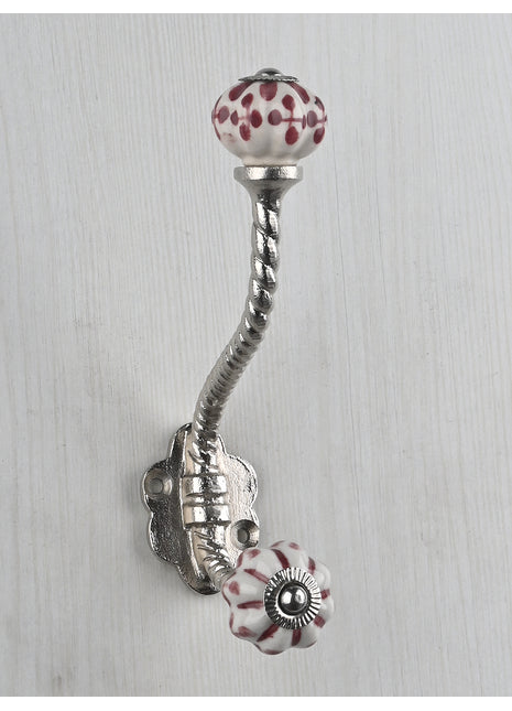 White Ceramic Drawer Knob With Maroon Leaves With Metal Wall Hook