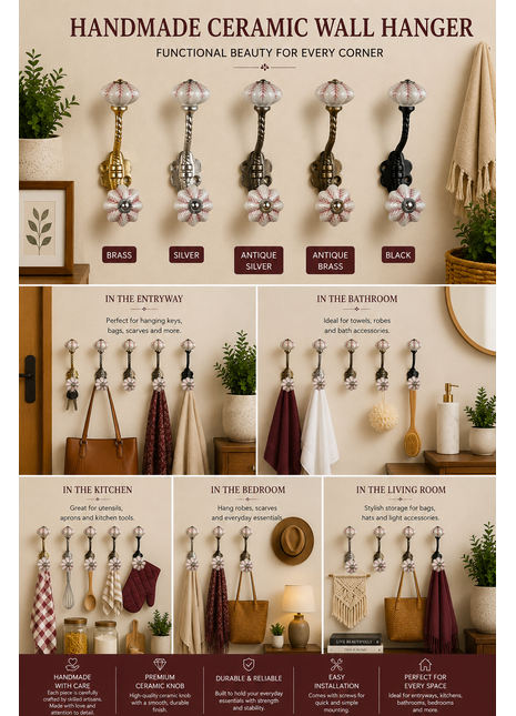 Flower Shaped White Maroon Design Knob With Metal Wall Hanger