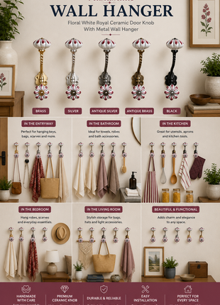 Floral White Royal Ceramic Door Knob With Maroon Print with Metal Wall Hanger