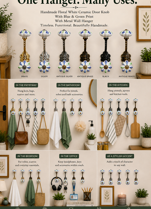 Floral White Ceramic Door Knob With Blue And Green Print With Metal Wall Hanger