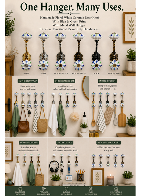 Floral White Ceramic Door Knob With Blue And Green Print With Metal Wall Hanger