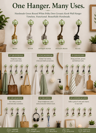 Green Round White Polka Dots Knob With Metal Wall Hanger