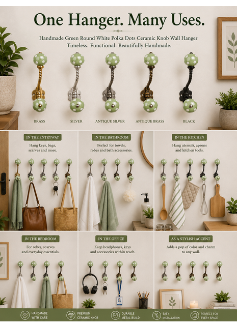 Green Round White Polka Dots Knob With Metal Wall Hanger