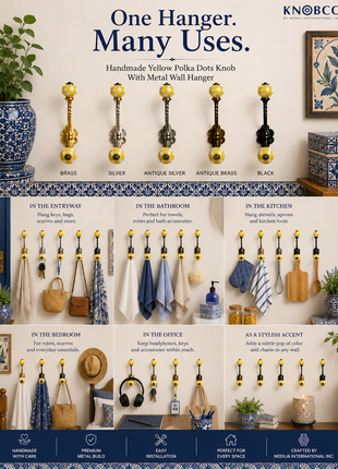 Yellow Cabinet White Polka-Dots Knob with Metal Wall Hanger