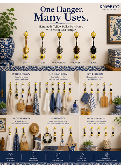 Yellow Cabinet White Polka-Dots Knob with Metal Wall Hanger