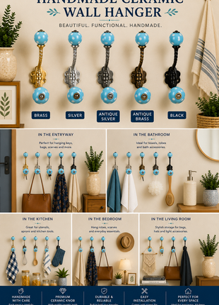Turquoise Cabinet Knob With White Polka Dots Metal Wall Hanger