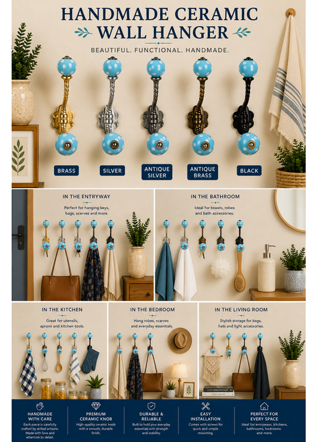 Turquoise Cabinet Knob With White Polka Dots Metal Wall Hanger
