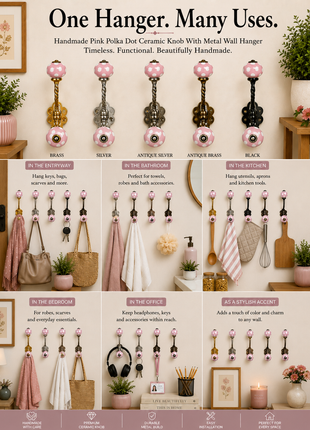 Designer Round Pink Cabinet Knob With White Polka Dots Metal Wall Hanger