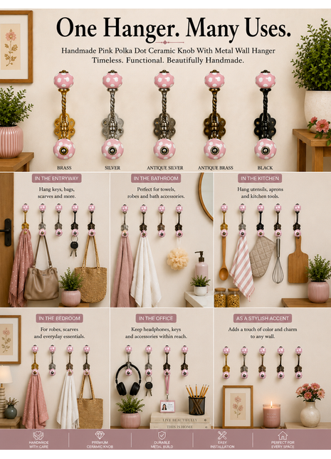 Designer Round Pink Cabinet Knob With White Polka Dots Metal Wall Hanger