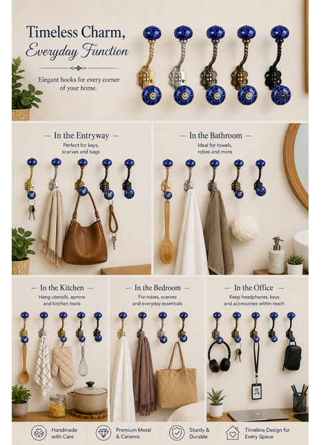 Royal Blue Ceramic Knob With Metal Wall Hanger