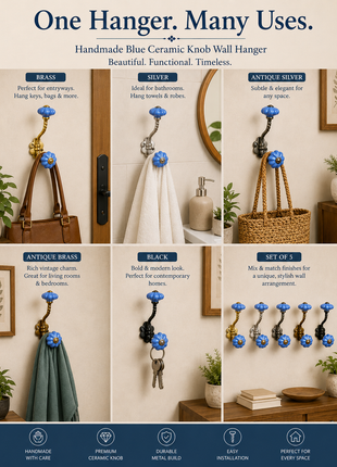 Beautiful Ceramic Periwinkle Blue Knob With Metal Wall Hanger